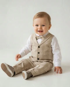 Bež karirani komplet sa prslukom za bebe i dečake